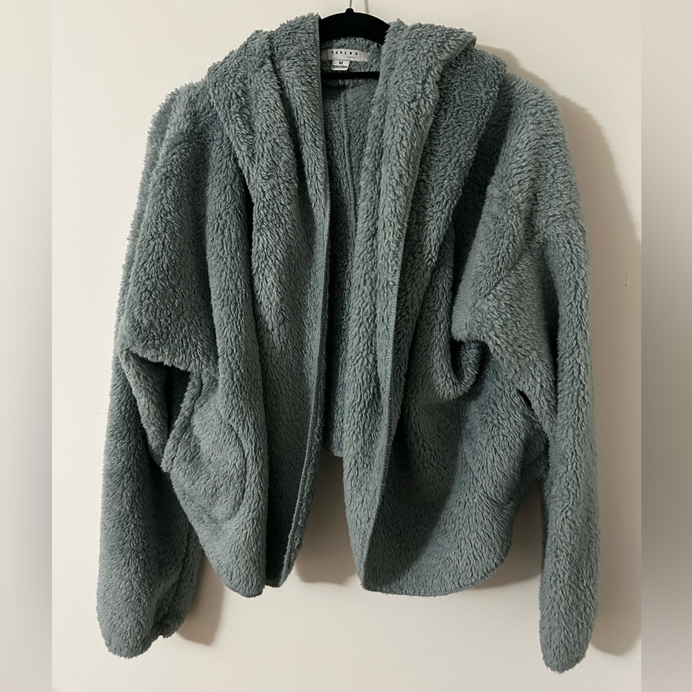 Blue hooded cropped Sherpa jacket